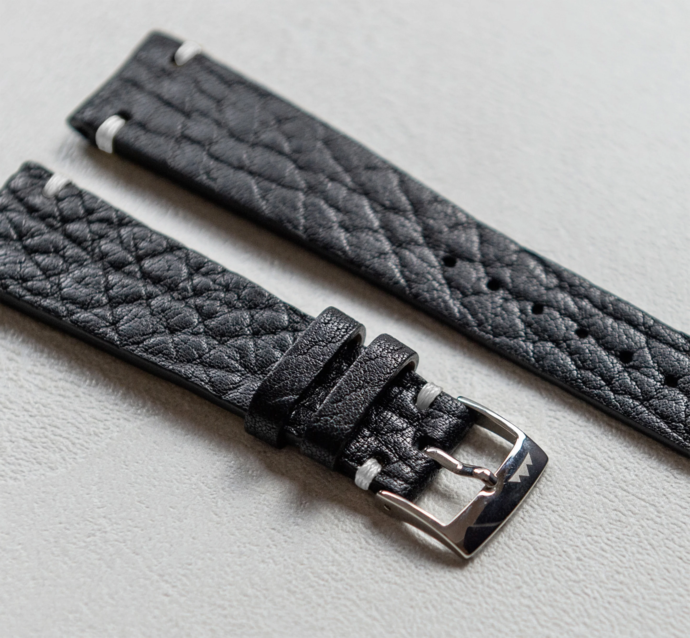 Black Vintage leather & white stitching - Buckle 16 mm - Image 2